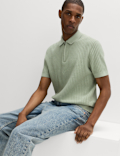 Cotton Rich Ribbed Knitted Zip Up Polo Shirt