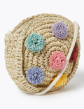 Kids' Straw Pom Pom Cross Body Bag