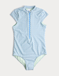 Printed Zip Through Cap Sleeve Swimsuit (6-16 Yrs)
