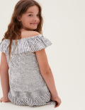 Pure Cotton Striped Seersucker Frill Top