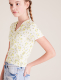 Pure Cotton Floral Ribbed Top (6-16 Yrs)