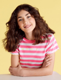 Cotton Merci Slogan Striped Ribbed T-Shirt (6-14 Yrs)