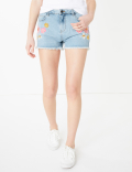 Denim Floral Embroidered Shorts (6-16 Yrs)