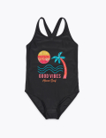 Good Vibes Slogan Sequin Swimsuit (6-16 Yrs)