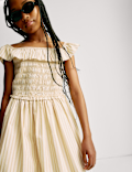 Poplin Stripe Shirred Dress
