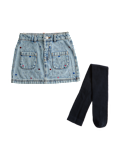 Heart Embroidered Denim Skirt with Tights (2-8 Yrs)