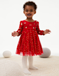 Jersey and Tulle Christmas Print Dress (0-8 Yrs)