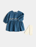 Cotton Rich Embroidered Dress with Tights (0-5 Yrs)