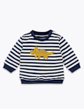 Cotton Dinosaur Appliqué Striped Sweatshirt