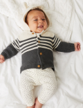 Pure Cotton Knitted Chunky Striped Cardigan (0-3 Yrs)