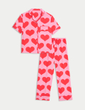 Satin Heart Print Pyjamas (3-16 Yrs)
