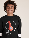 Cotton Sequin Headphones Skull Sweatshirt