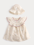 2 Piece Pure Cotton Floral Dress & Hat Outfit (0-2 Yrs)