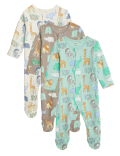 3pk Pure Cotton Safari Sleepsuits