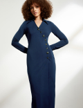 V-Neck Button Detail Midi Wrap Dress