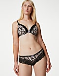 Setje met plunge-bh met beugel, print en kanten afwerking, cupmaten A-E