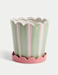 Scalloped Striped Ceramic Planter with Tray