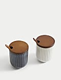 Set of 2 Ribbed Storage Jars with Spoons