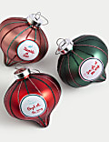 3pk Glass Striped Festive Slogan Baubles