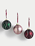 Set van 3 glazen, gekleurde kerstballen met bloemmotief