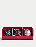 Set van 3 glazen, gekleurde kerstballen met bloemmotief