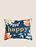 Coussin 100&nbsp;% coton avec texte «&nbsp;Happy&nbsp;»