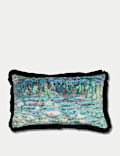 Grand coussin polochon en velours à motif nénuphar