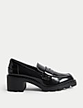 Leather Patent Slip On Block Heel Loafers