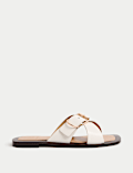 Leather Buckle Flat Square Toe Mules