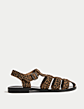 Suede Leopard Print Buckle Flat Sandals