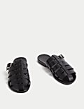 Leather Buckle Flat Mules