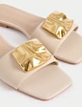 Leather Gold Detail Flat Mule Sandals