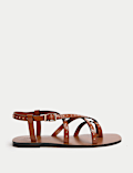 Leather Studded Ankle Strap Flat Sandals