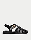 Wide Fit Leather Ankle Strap Flat Sandals