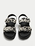 Leather Cow Print Double Buckle Flatform Sandals