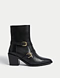 Leather Buckle Block Heel Ankle Boots