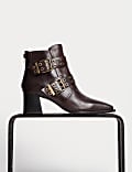 Leather Buckle Detail Block Heel Ankle Boots