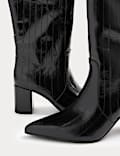 Eel Print Block Heel Knee High Boots