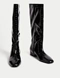 Patent Croc Block Heel Knee High Boots