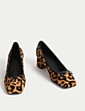 Leather Leopard Print Block Heel Court Shoes