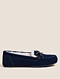 Suede Bow Faux Fur Lined Moccasin Slippers