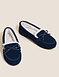 Suede Bow Faux Fur Lined Moccasin Slippers