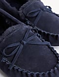 Suede Bow Faux Fur Lined Moccasin Slippers