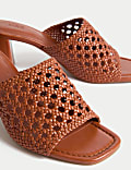 Woven Block Heel Open Toe Mules