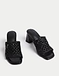 Woven Block Heel Open Toe Mules