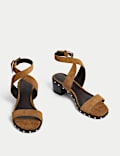 Suede Studded Ankle Strap Block Heel Sandals