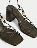 Beaded Trim Buckle Strappy Block Heel Sandals