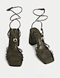 Beaded Trim Buckle Strappy Block Heel Sandals