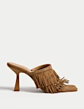 Suede Fringed Slip On Stiletto Heel Mules