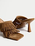 Suede Fringed Slip On Stiletto Heel Mules